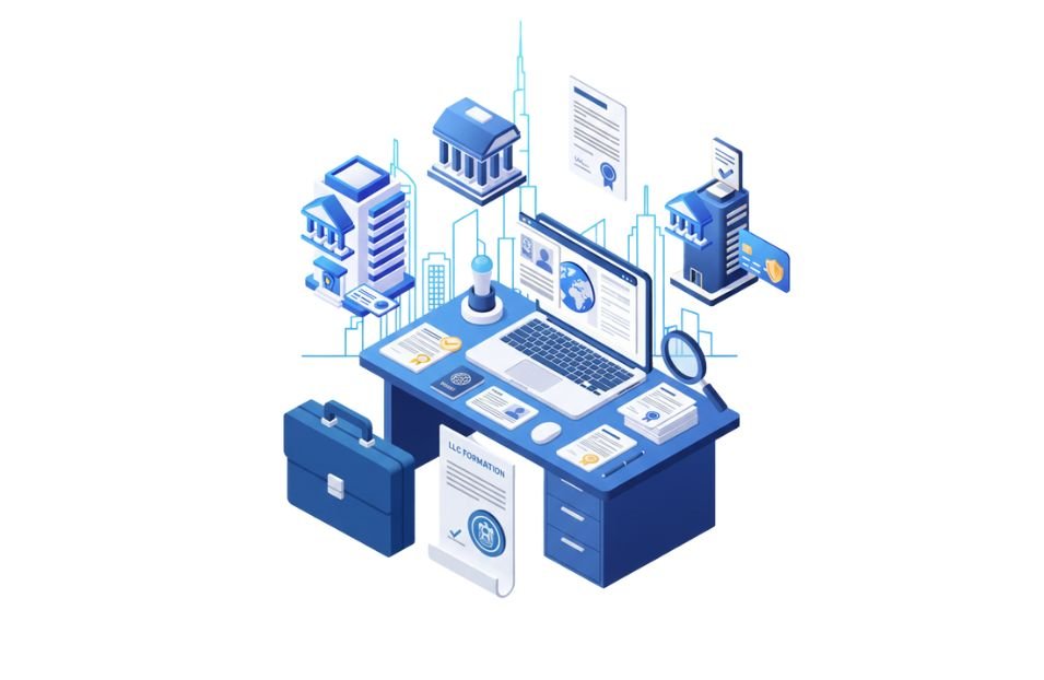 Business formation concept image with compliance files, passport, bank account and Dubai skyline in professional corporate style