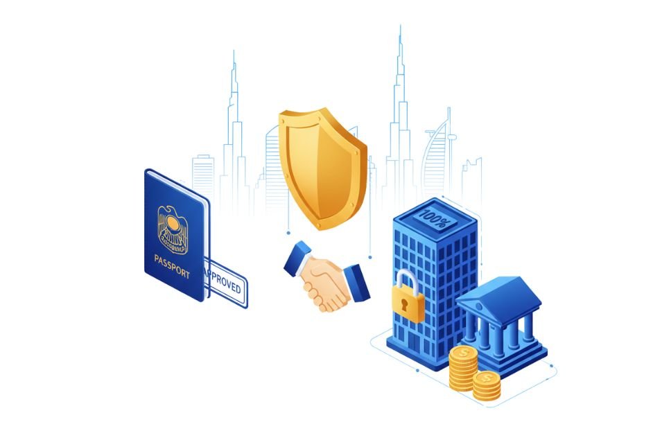 Corporate business setup illustration with Dubai skyline, residency visa, global banking access, 100 percent ownership and legal compliance concept